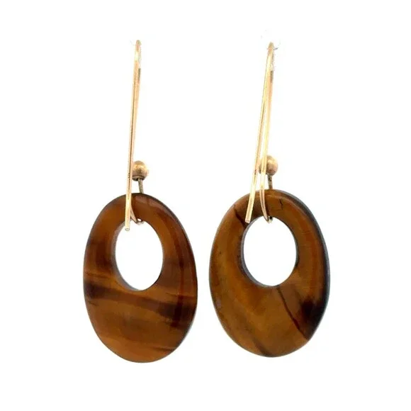 Estate 14k Yellow Gold Oval Carved Tiger's Eye Doorknocker Dangle Hook Earrings